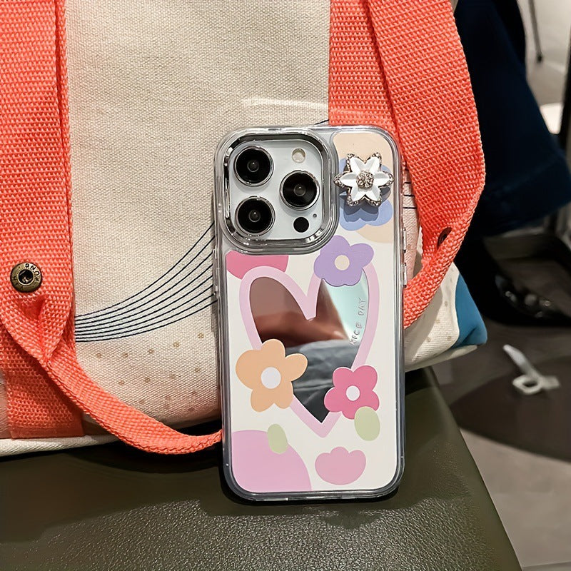 Premium Cute Love Heart Flower Mirror Design iPhone Case | MagSafe Case with 360-Degree Protection & Camera Lens Cover for Apple iPhone 16/16e, 15, 14, 13, 12 Pro Max, Pro, Plus & Mini Cover | Armor Case & Bumper Cover | High-Quality Phone Case