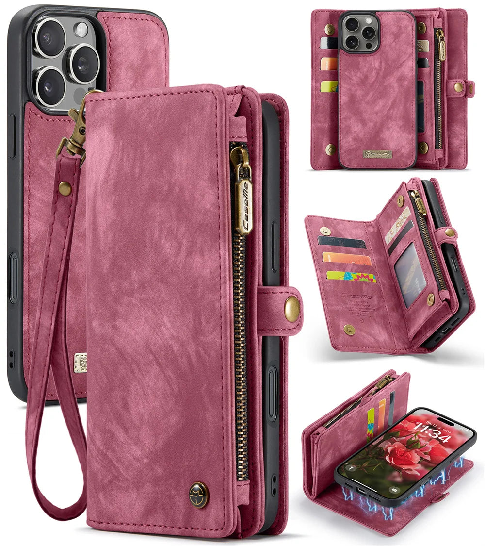 High-Quality 2-in-1 Detachable Leather Wallet Flip Stand iPhone Case | MagSafe Compatible with Full Protection and Camera Lens Cover for Apple iPhone 16/15/14/13/12 Pro Max Plus Mini | Armor Protective Wallet Case